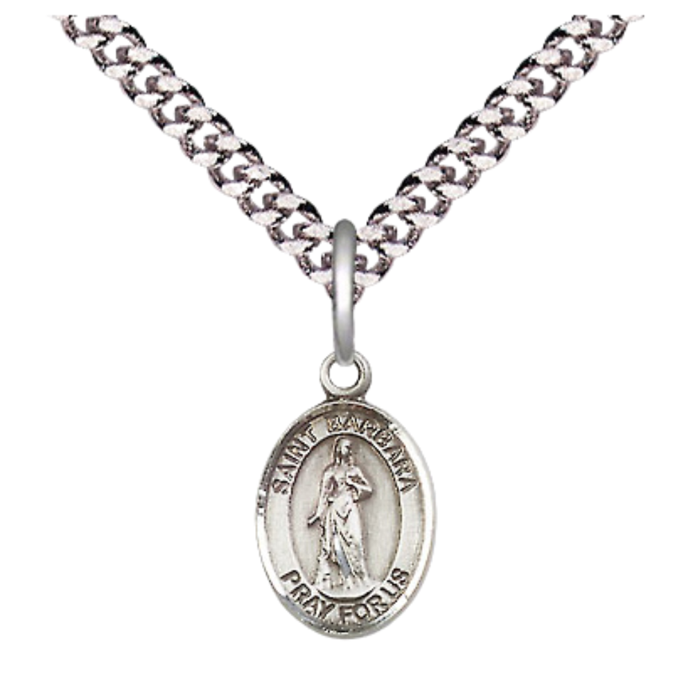 Small Sized Men's Pewter Saint St. Barbara Medal Pendant on 24 Inch Endless Rhodium Plated Heavy Curb Brass Chain, Catholic Religious Necklace - Made in USA- Deluxe Velvet Gift Box