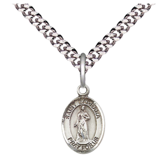 Small Sized Men's Pewter Saint St. Barbara Medal Pendant on 24 Inch Endless Rhodium Plated Heavy Curb Brass Chain, Catholic Religious Necklace - Made in USA- Deluxe Velvet Gift Box