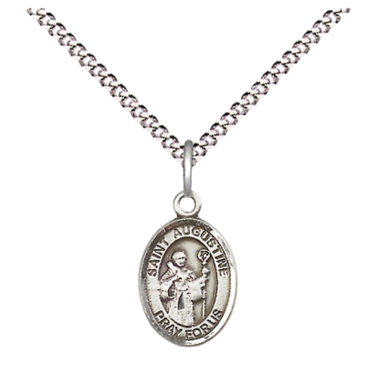 Small Sized Women's Pewter Saint St. Augustine Medal Pendant on 18 Inch Rhodium Plated Lite Curb Brass Chain with Lobster Claw Clasp, Catholic Religious Necklace - Made in USA- Velvet Gift Box