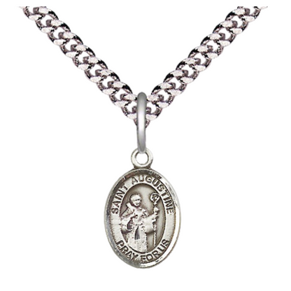 Small Sized Men's .925 Sterling Silver Saint St. Augustine Medal Pendant on 24 Inch Endless Rhodium Plated Heavy Curb Brass Chain, Catholic Religious Necklace - Made in USA- Deluxe Velvet Gift Box