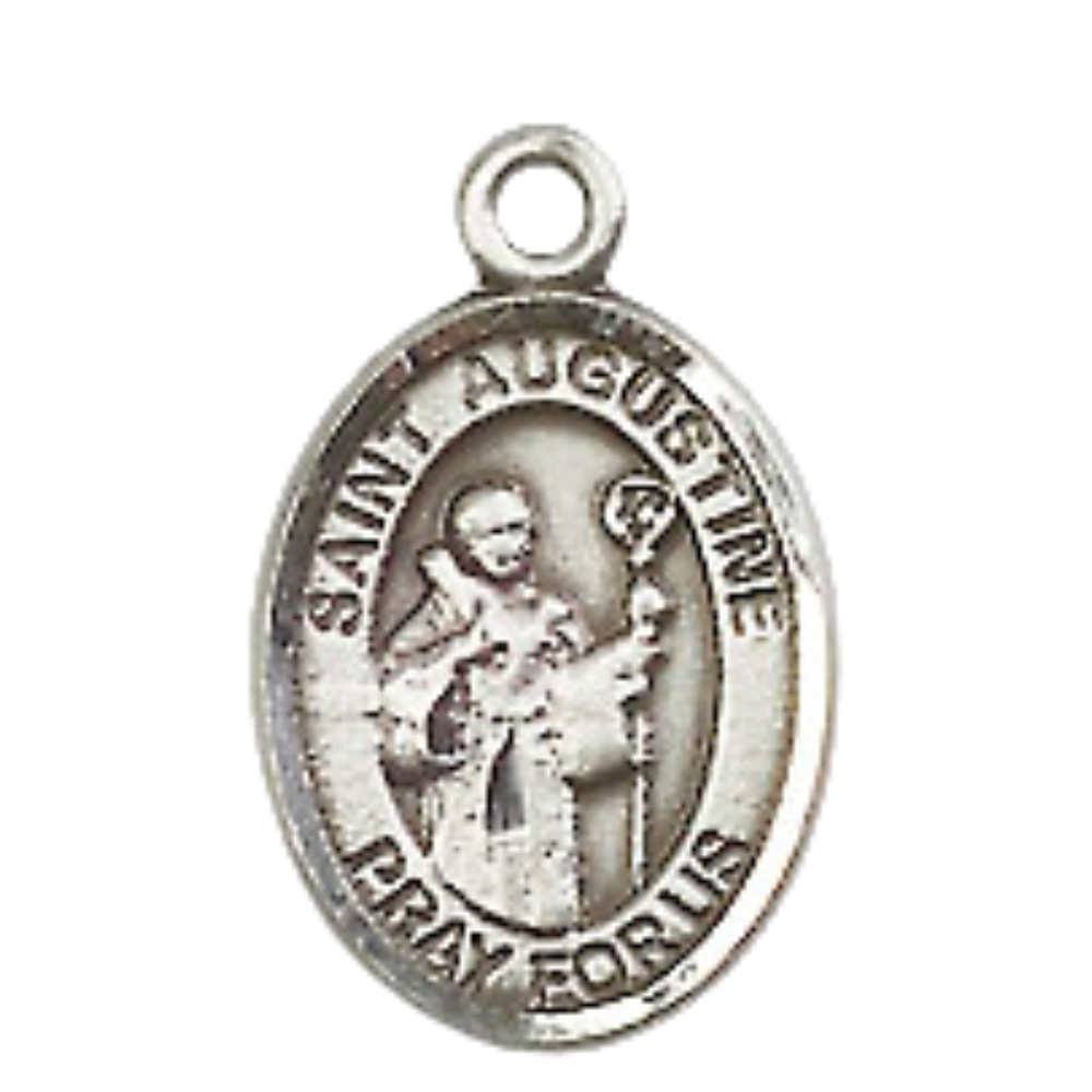 Small Sized Men's Pewter Saint St. Augustine Medal Pendant on 24 Inch Endless Rhodium Plated Heavy Curb Brass Chain, Catholic Religious Necklace - Made in USA- Deluxe Velvet Gift Box