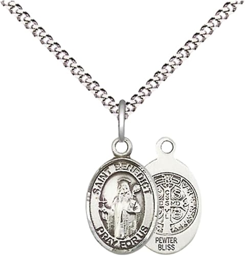 Small Sized Women's Pewter Saint St. Benedict Medal Pendant on 18 Inch Rhodium Plated Lite Curb Brass Chain with Lobster Claw Clasp, Catholic Religious Necklace - Made in USA- Velvet Gift Box