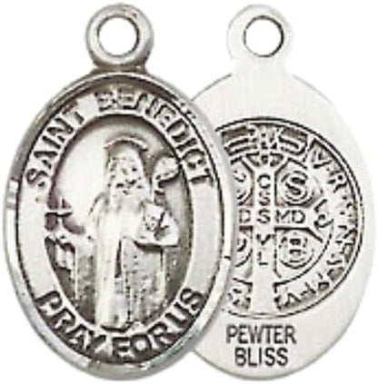 Small Sized Women's Pewter Saint St. Benedict Medal Pendant on 18 Inch Rhodium Plated Lite Curb Brass Chain with Lobster Claw Clasp, Catholic Religious Necklace - Made in USA- Velvet Gift Box
