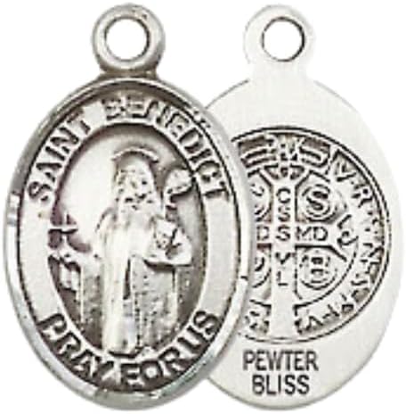 Small Sized Men's Pewter Saint St. Benedict Medal Pendant on 24 Inch Endless Rhodium Plated Heavy Curb Brass Chain, Catholic Religious Necklace - Made in USA- Deluxe Velvet Gift Box