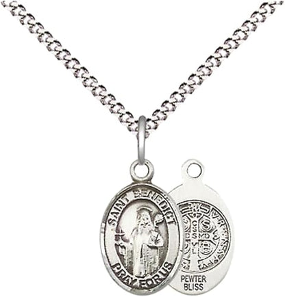 Small Sized Women's Pewter Saint St. Benedict Medal Pendant on 18 Inch Rhodium Plated Lite Curb Brass Chain with Lobster Claw Clasp, Catholic Religious Necklace - Made in USA- Velvet Gift Box