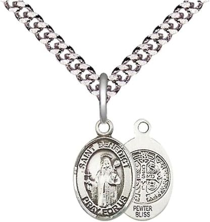 Small Sized Men's Pewter Saint St. Benedict Medal Pendant on 24 Inch Endless Rhodium Plated Heavy Curb Brass Chain, Catholic Religious Necklace - Made in USA- Deluxe Velvet Gift Box