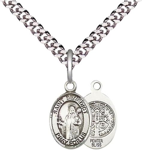 Small Sized Men's Pewter Saint St. Benedict Medal Pendant on 24 Inch Endless Rhodium Plated Heavy Curb Brass Chain, Catholic Religious Necklace - Made in USA- Deluxe Velvet Gift Box