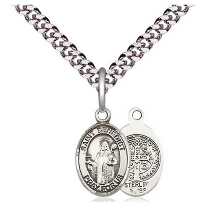 Small Sized Men's .925 Sterling Silver Saint St. Benedict Medal Pendant on 24 Inch Endless Rhodium Plated Heavy Curb Brass Chain, Catholic Religious Necklace - Made in USA- Deluxe Velvet Gift Box