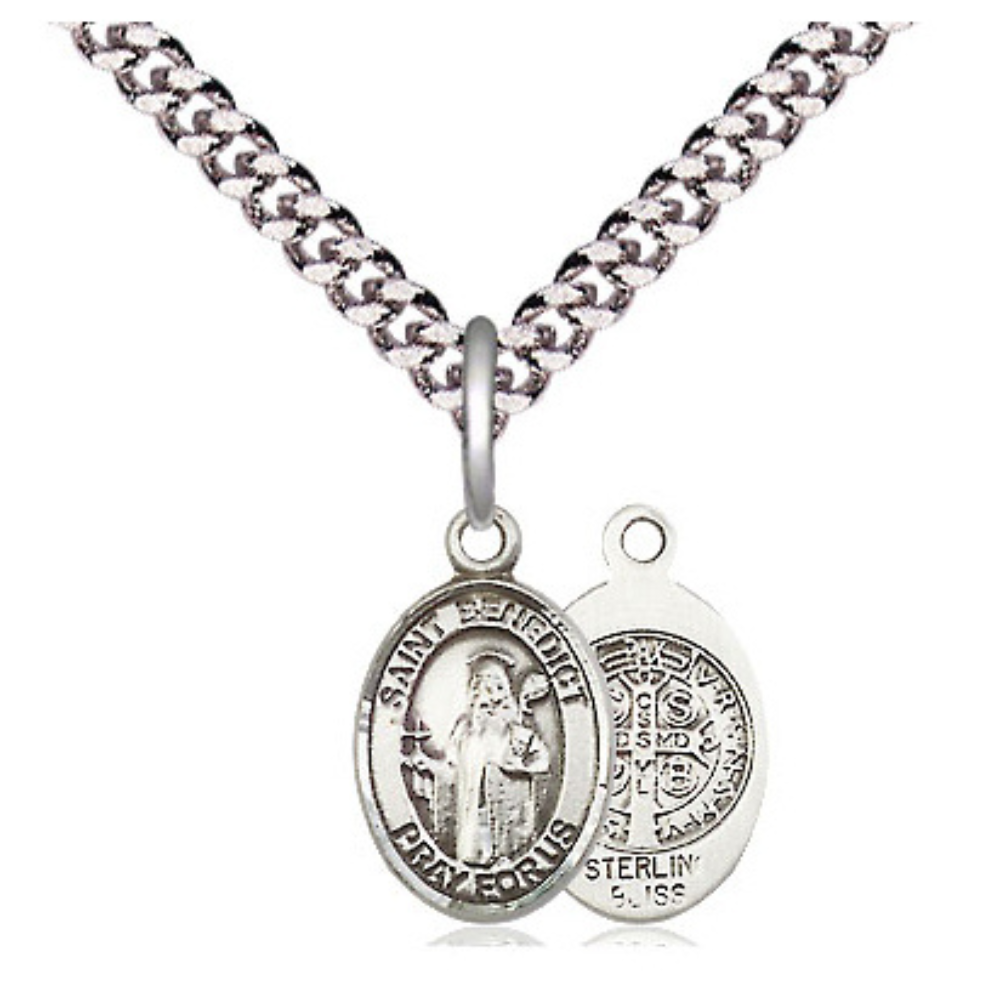 Small Sized Men's .925 Sterling Silver Saint St. Benedict Medal Pendant on 24 Inch Endless Rhodium Plated Heavy Curb Brass Chain, Catholic Religious Necklace - Made in USA- Deluxe Velvet Gift Box
