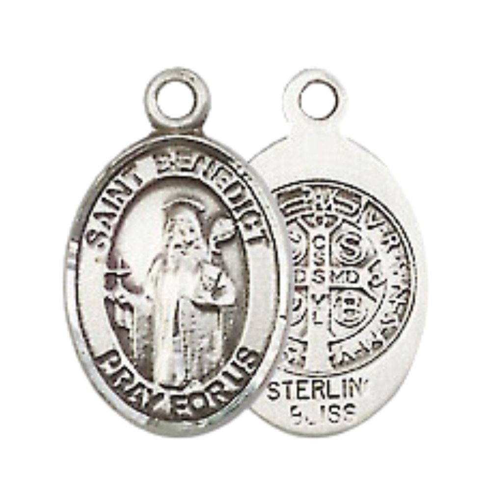 Small Sized Men's .925 Sterling Silver Saint St. Benedict Medal Pendant on 24 Inch Endless Rhodium Plated Heavy Curb Brass Chain, Catholic Religious Necklace - Made in USA- Deluxe Velvet Gift Box