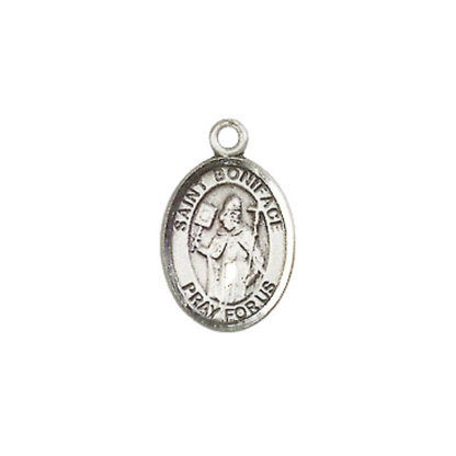 Small Sized Women's Pewter Saint St. Boniface Medal Pendant on 18 Inch Rhodium Plated Lite Curb Brass Chain with Lobster Claw Clasp, Catholic Religious Necklace - Made in USA- Velvet Gift Box