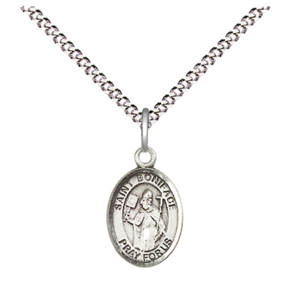Small Sized Women's Pewter Saint St. Boniface Medal Pendant on 18 Inch Rhodium Plated Lite Curb Brass Chain with Lobster Claw Clasp, Catholic Religious Necklace - Made in USA- Velvet Gift Box