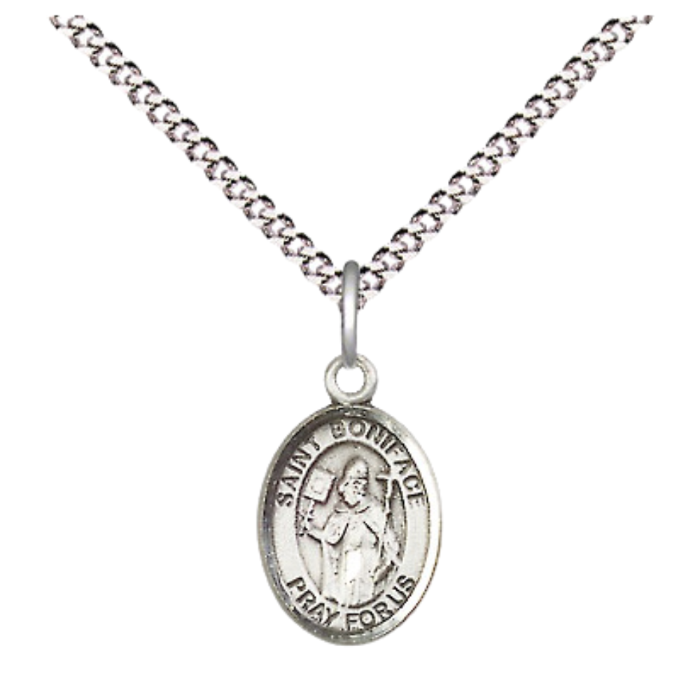 Small Sized Women's Pewter Saint St. Boniface Medal Pendant on 18 Inch Rhodium Plated Lite Curb Brass Chain with Lobster Claw Clasp, Catholic Religious Necklace - Made in USA- Velvet Gift Box