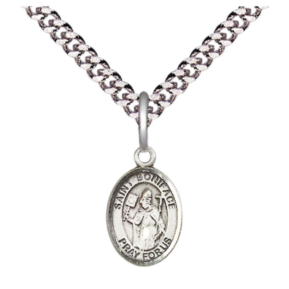Small Sized Men's Pewter Saint St. Boniface Medal Pendant on 24 Inch Endless Rhodium Plated Heavy Curb Brass Chain, Catholic Religious Necklace - Made in USA- Deluxe Velvet Gift Box