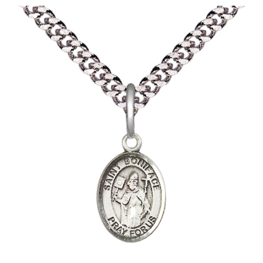 Small Sized Men's Pewter Saint St. Boniface Medal Pendant on 24 Inch Endless Rhodium Plated Heavy Curb Brass Chain, Catholic Religious Necklace - Made in USA- Deluxe Velvet Gift Box