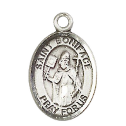 Small Sized Men's .925 Sterling Silver Saint St. Boniface Medal Pendant on 24 Inch Endless Rhodium Plated Heavy Curb Brass Chain, Catholic Religious Necklace - Made in USA- Deluxe Velvet Gift Box