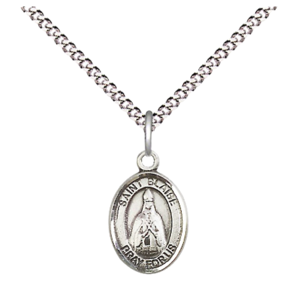 Small Sized Women's Pewter Saint St. Blaise Medal Pendant on 18 Inch Rhodium Plated Lite Curb Brass Chain with Lobster Claw Clasp, Catholic Religious Necklace - Made in USA- Velvet Gift Box