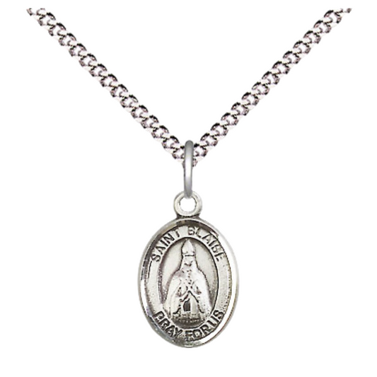Small Sized Women's Pewter Saint St. Blaise Medal Pendant on 18 Inch Rhodium Plated Lite Curb Brass Chain with Lobster Claw Clasp, Catholic Religious Necklace - Made in USA- Velvet Gift Box