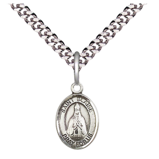 Small Sized Men's Pewter Saint St. Blaise Medal Pendant on 24 Inch Endless Rhodium Plated Heavy Curb Brass Chain, Catholic Religious Necklace - Made in USA- Deluxe Velvet Gift Box