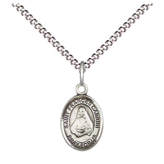 Small Sized Women's Pewter Saint St. Frances Cabrini Medal Pendant on 18 Inch Rhodium Plated Lite Curb Brass Chain with Lobster Claw Clasp, Catholic Religious Necklace - Made in USA- Velvet Gift Box
