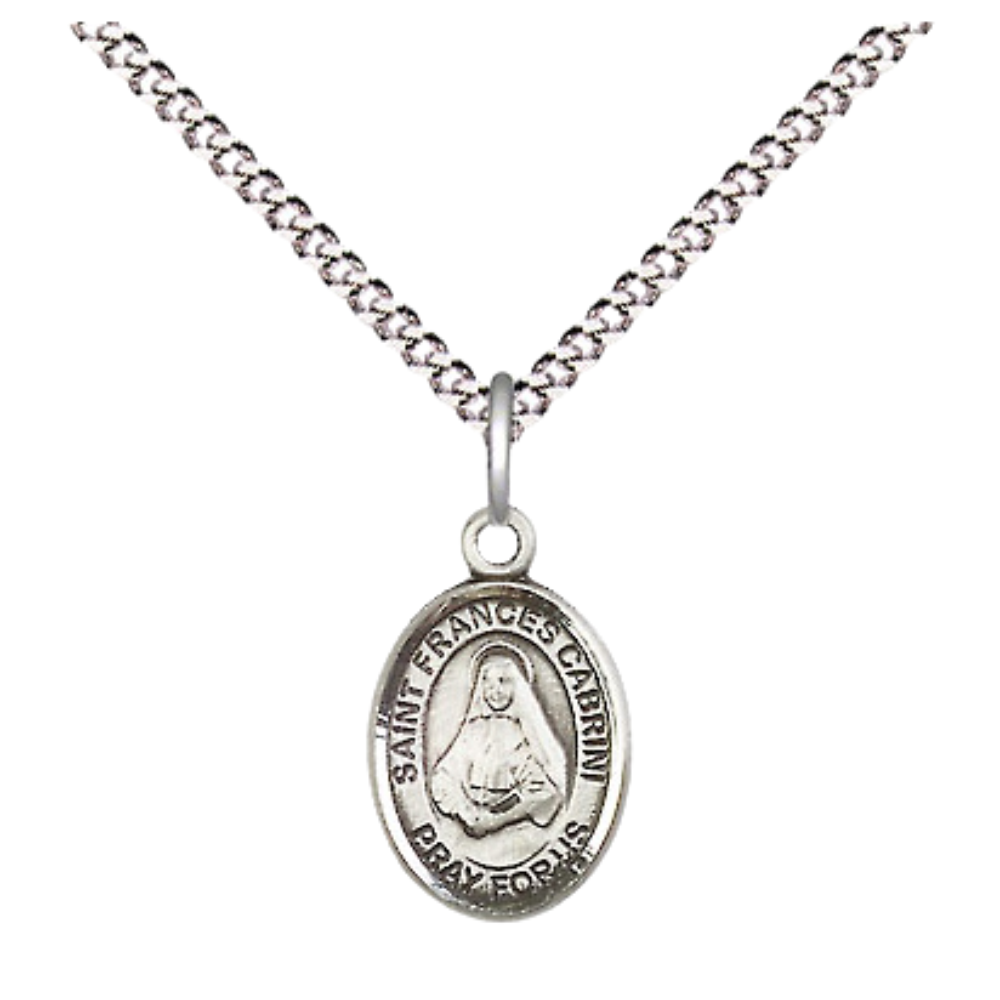Small Sized Women's .925 Sterling Silver Saint St. Frances Cabrini Medal Pendant on 18 Inch Rhodium Plated Lite Curb Brass Chain with Lobster Claw Clasp, Catholic Religious Necklace - Made in USA- Velvet Gift Box