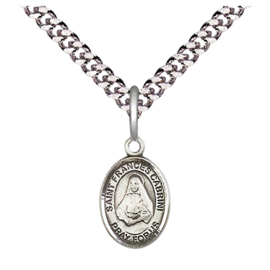 Small Sized Men's Pewter Saint St. Frances Cabrini Medal Pendant on 24 Inch Endless Rhodium Plated Heavy Curb Brass Chain, Catholic Religious Necklace - Made in USA- Deluxe Velvet Gift Box