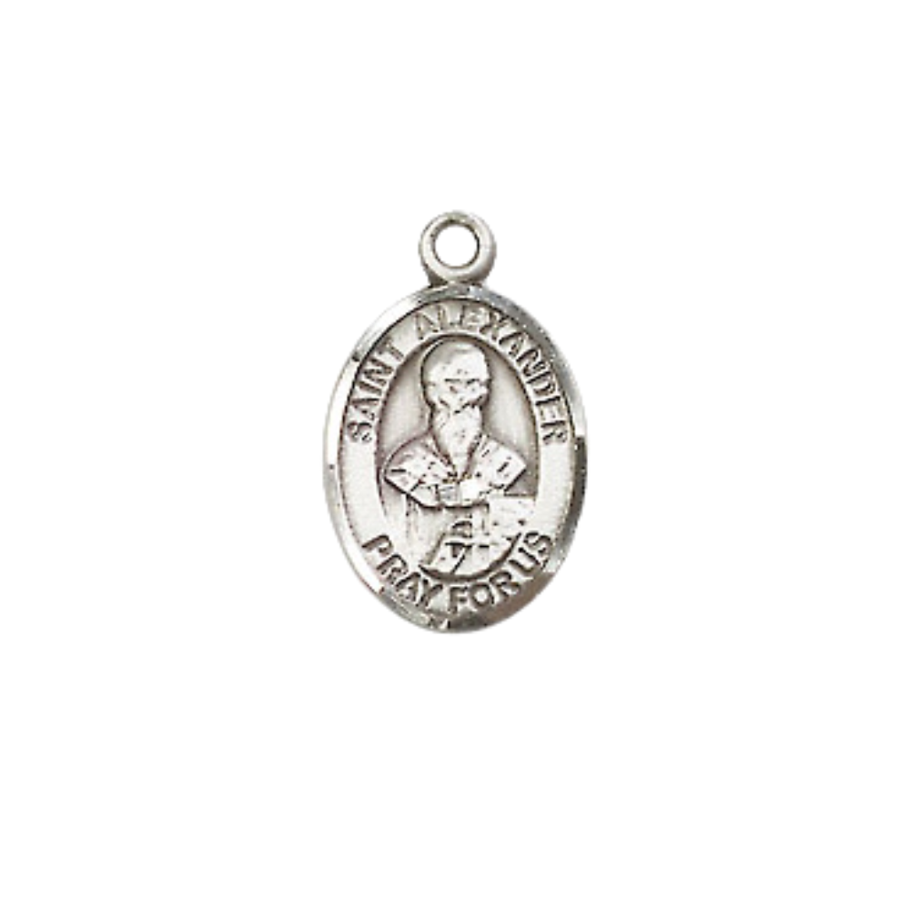 Small Sized Women's .925 Sterling Silver Saint St. Alexander Constantinople Medal Pendant on 18 Inch Rhodium Plated Lite Curb Brass Chain w/ Lobster Claw Clasp, Catholic Religious Necklace- Made in USA- Velvet Gift Box