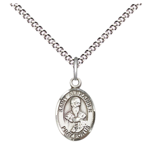 Small Sized Women's Pewter Saint St. Alexander Constantinople Medal Pendant on 18 Inch Rhodium Plated Lite Curb Brass Chain with Lobster Claw Clasp, Catholic Religious Necklace - Made in USA- Velvet Gift Box