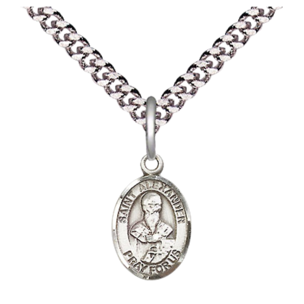 Small Sized Men's Pewter Saint St. Alexander Constantinople Medal Pendant on 24 Inch Endless Rhodium Plated Heavy Curb Brass Chain, Catholic Religious Necklace - Made in USA- Deluxe Velvet Gift Box