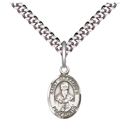 Small Sized Men's Pewter Saint St. Alexander Constantinople Medal Pendant on 24 Inch Endless Rhodium Plated Heavy Curb Brass Chain, Catholic Religious Necklace - Made in USA- Deluxe Velvet Gift Box