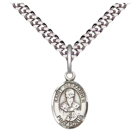 Small Sized Men's Pewter Saint St. Alexander Constantinople Medal Pendant on 24 Inch Endless Rhodium Plated Heavy Curb Brass Chain, Catholic Religious Necklace - Made in USA- Deluxe Velvet Gift Box