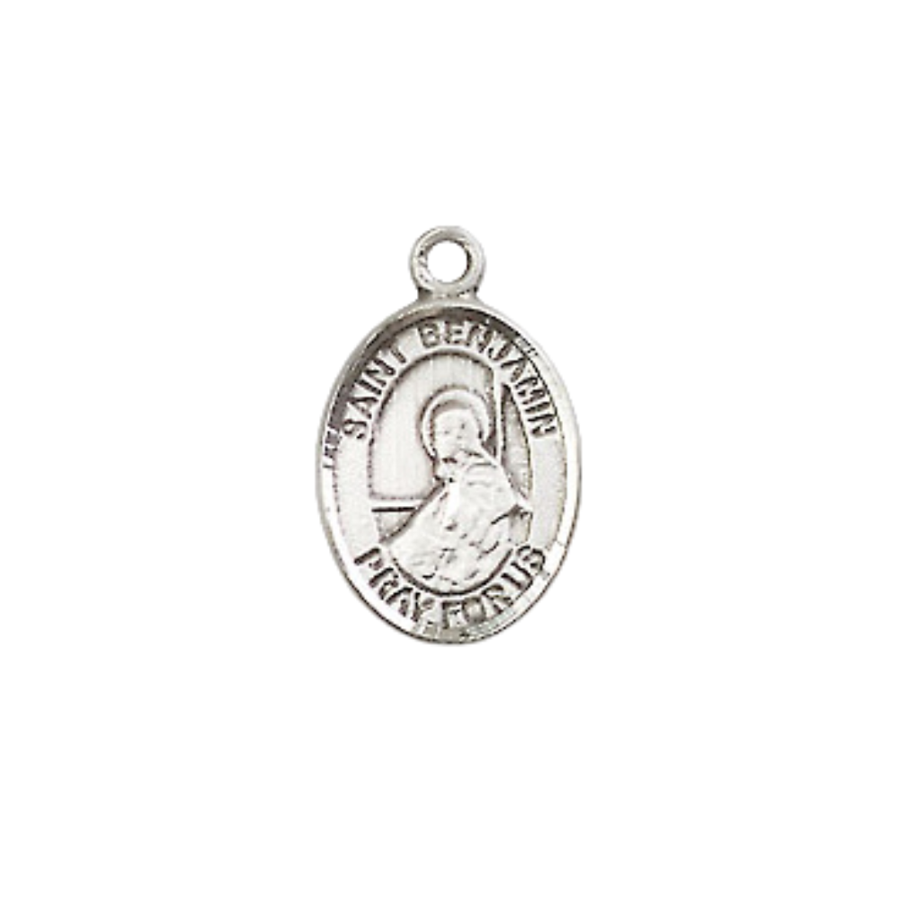 Small Sized Women's .925 Sterling Silver Saint St. Benjamin Medal Pendant on 18S Rhodium Plated Lite Curb Brass Chain with Lobster Claw Clasp, Catholic Religious Necklace - Made in USA- Velvet Gift Box