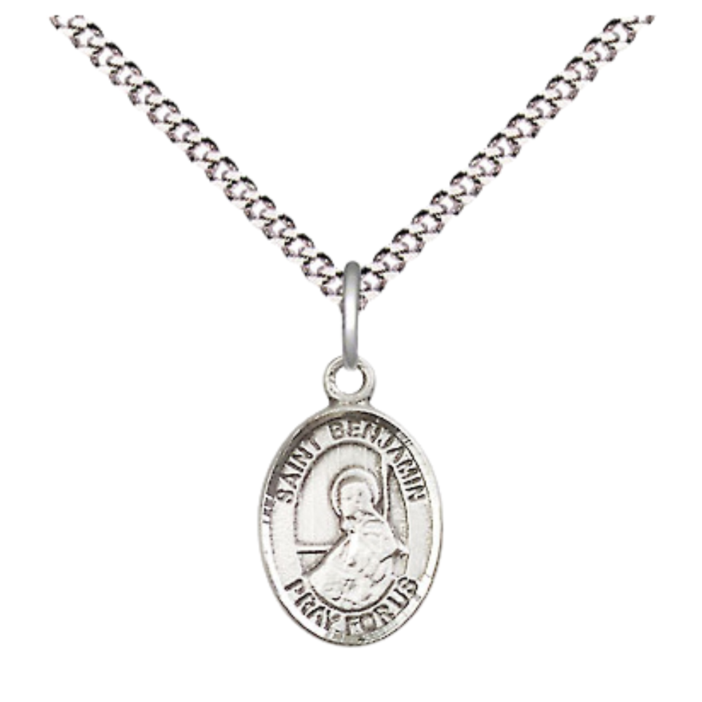 Small Sized Women's .925 Sterling Silver Saint St. Benjamin Medal Pendant on 18S Rhodium Plated Lite Curb Brass Chain with Lobster Claw Clasp, Catholic Religious Necklace - Made in USA- Velvet Gift Box