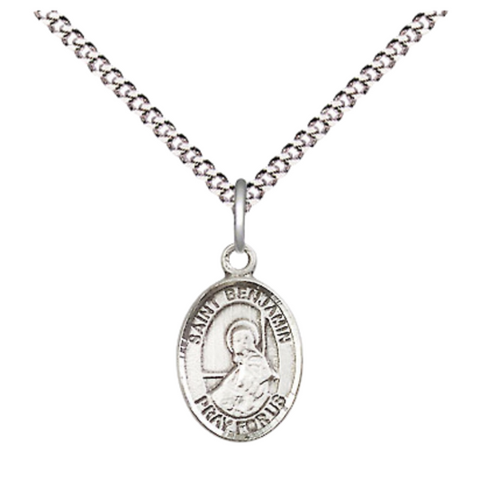 Small Sized Women's .925 Sterling Silver Saint St. Benjamin Medal Pendant on 18S Rhodium Plated Lite Curb Brass Chain with Lobster Claw Clasp, Catholic Religious Necklace - Made in USA- Velvet Gift Box