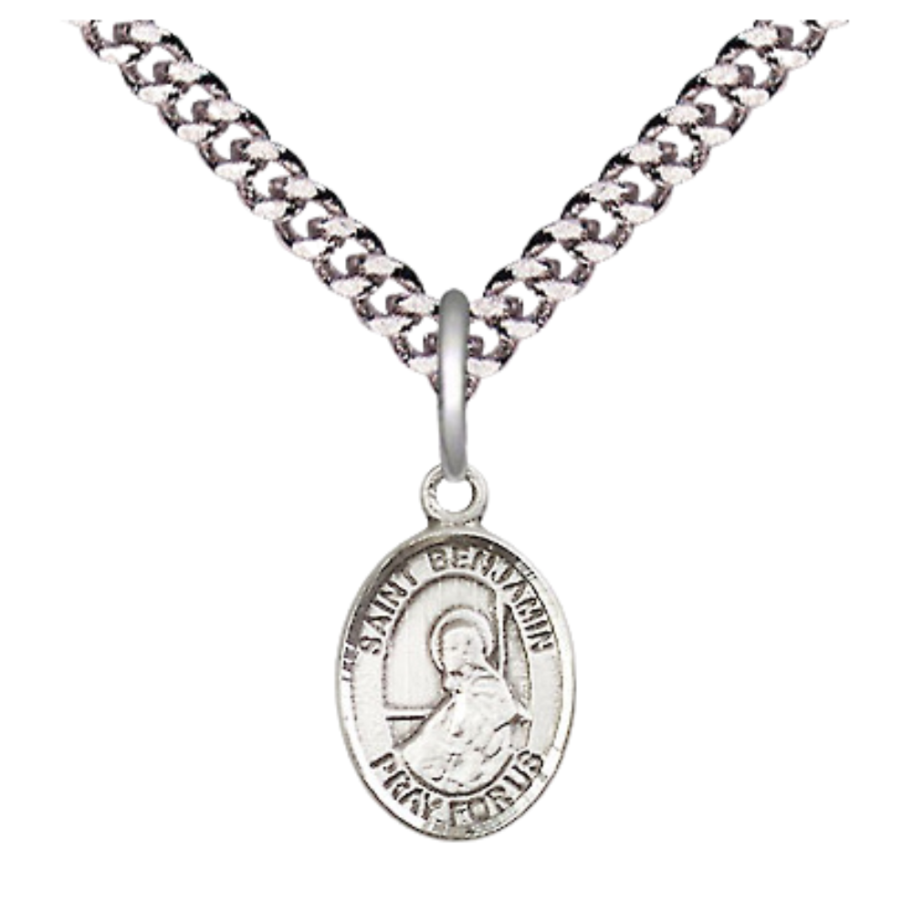 Small Sized Men's .925 Sterling Silver Saint St. Benjamin Medal Pendant on 24 Inch Endless Rhodium Plated Heavy Curb Brass Chain, Catholic Religious Necklace - Made in USA- Deluxe Velvet Gift Box