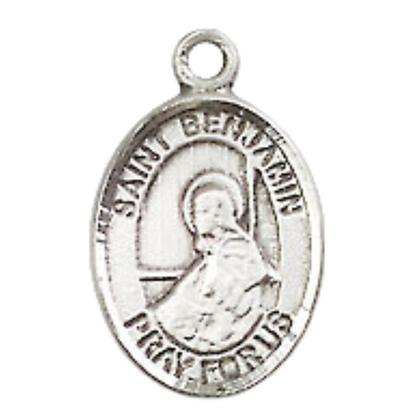 Small Sized Men's Pewter Saint St. Benjamin Medal Pendant on 24 Inch Endless Rhodium Plated Heavy Curb Brass Chain, Catholic Religious Necklace - Made in USA- Deluxe Velvet Gift Box