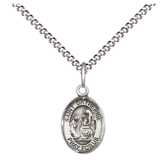 Small Sized Women's Pewter Saint St. Catherine of Siena Medal Pendant on 18 Inch Rhodium Plated Lite Curb Brass Chain with Lobster Claw Clasp, Catholic Religious Necklace - Made in USA- Velvet Gift Box