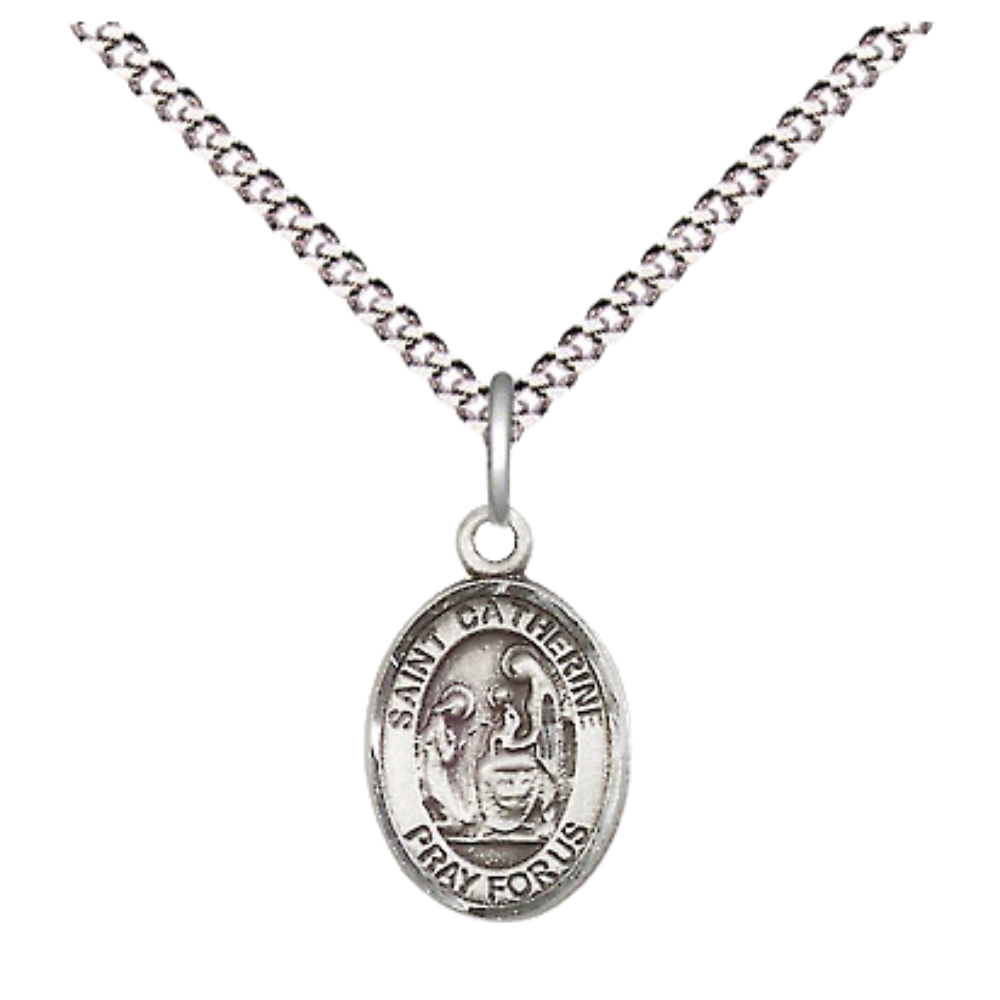Small Sized Women's .925 Sterling Silver Saint St. Catherine of Siena Medal Pendant on 18S Rhodium Plated Lite Curb Brass Chain with Lobster Claw Clasp, Catholic Religious Necklace - Made in USA- Velvet Gift Box
