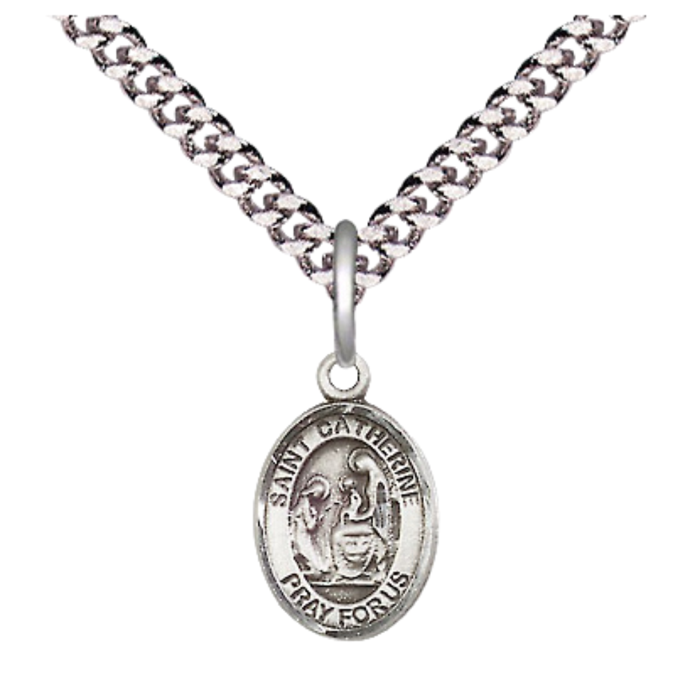Small Sized Men's Pewter Saint St. Catherine of Siena Medal Pendant on 24 Inch Endless Rhodium Plated Heavy Curb Brass Chain, Catholic Religious Necklace - Made in USA- Deluxe Velvet Gift Box