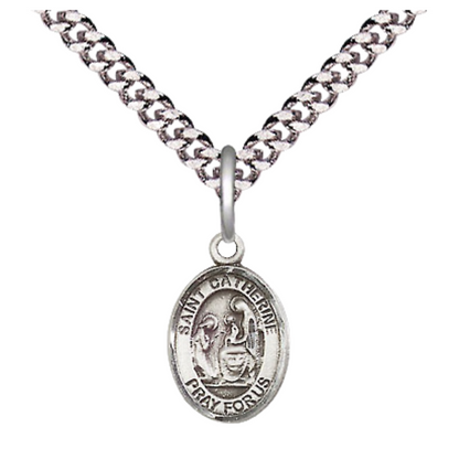 Small Sized Men's Pewter Saint St. Catherine of Siena Medal Pendant on 24 Inch Endless Rhodium Plated Heavy Curb Brass Chain, Catholic Religious Necklace - Made in USA- Deluxe Velvet Gift Box