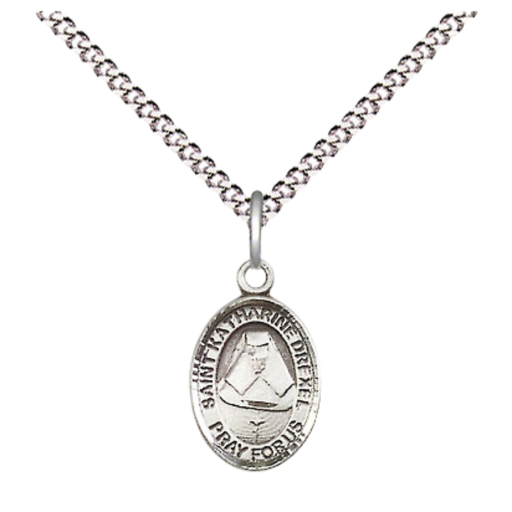 Small Sized Women's Pewter Saint St. Katharine Drexel Medal Pendant on 18 Inch Rhodium Plated Lite Curb Brass Chain with Lobster Claw Clasp, Catholic Religious Necklace - Made in USA- Velvet Gift Box