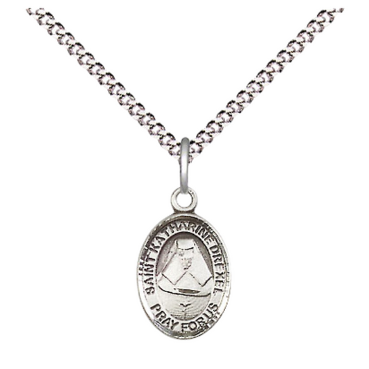 Small Sized Women's Pewter Saint St. Katharine Drexel Medal Pendant on 18 Inch Rhodium Plated Lite Curb Brass Chain with Lobster Claw Clasp, Catholic Religious Necklace - Made in USA- Velvet Gift Box