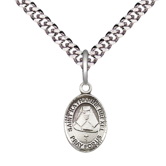 Small Sized Men's Pewter Saint St. Katharine Drexel Medal Pendant on 24 Inch Endless Rhodium Plated Heavy Curb Brass Chain, Catholic Religious Necklace - Made in USA- Deluxe Velvet Gift Box