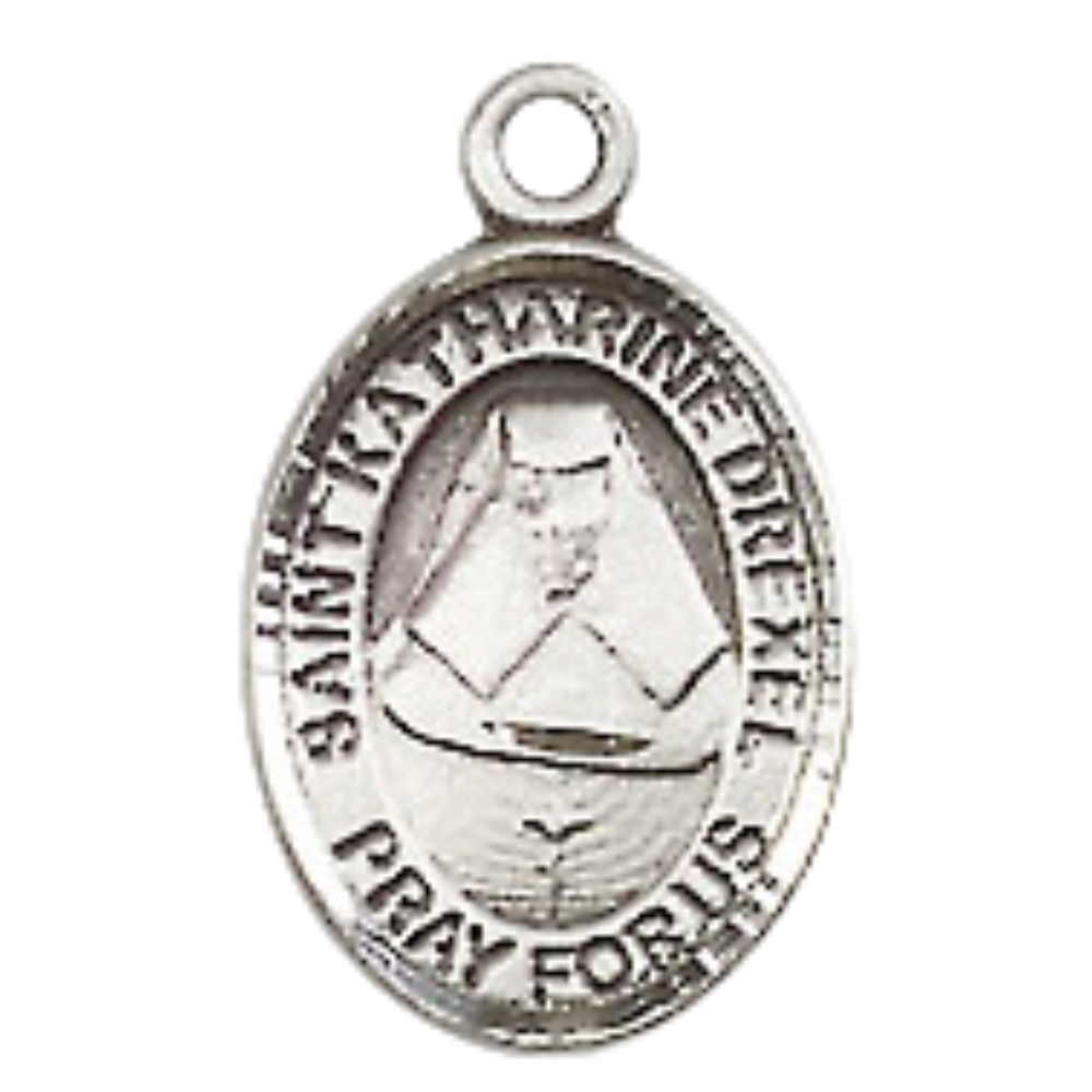 Small Sized Men's Pewter Saint St. Katharine Drexel Medal Pendant on 24 Inch Endless Rhodium Plated Heavy Curb Brass Chain, Catholic Religious Necklace - Made in USA- Deluxe Velvet Gift Box