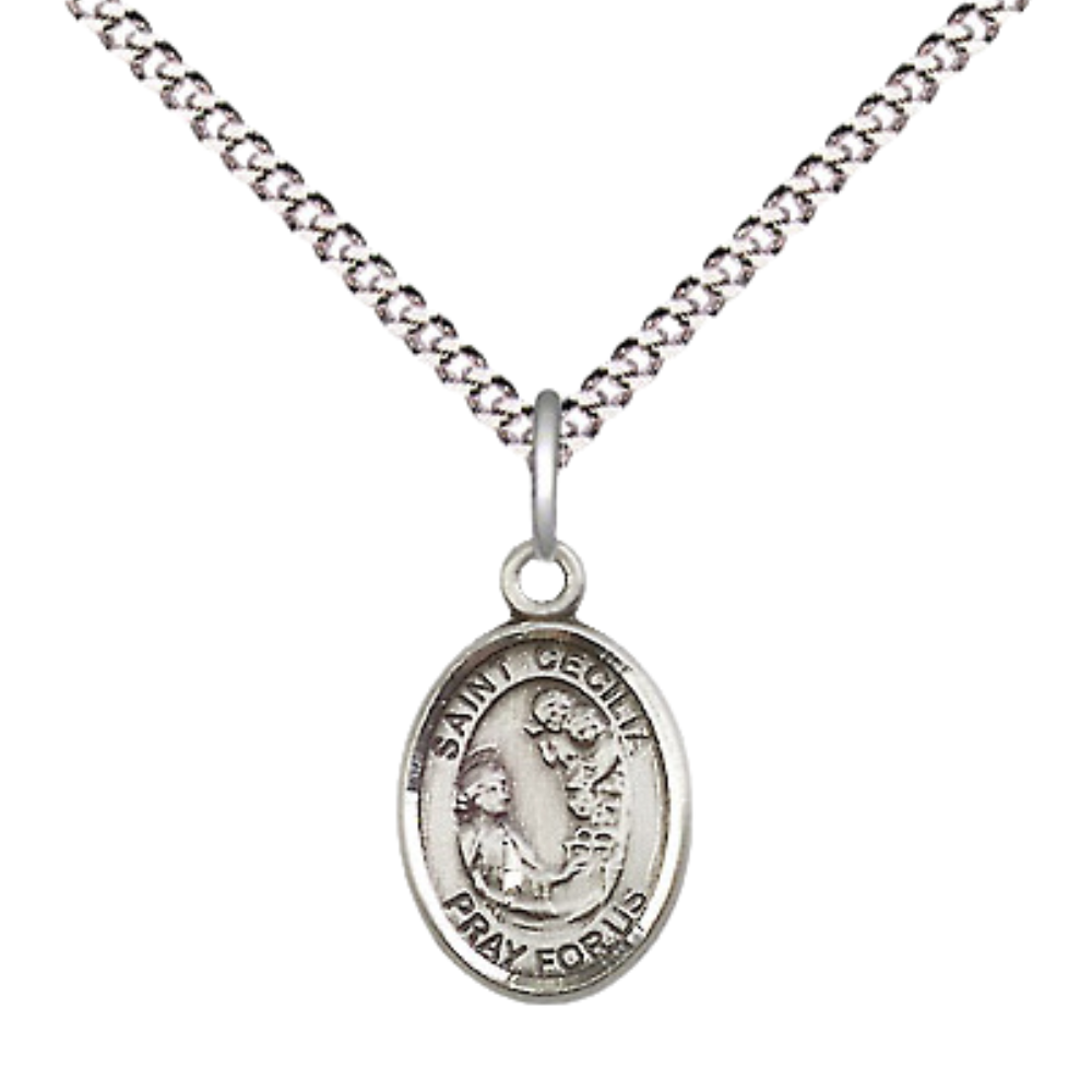 Small Sized Women's .925 Sterling Silver Saint St. Cecilia Medal Pendant on 18 Inch Rhodium Plated Lite Curb Brass Chain with Lobster Claw Clasp, Catholic Religious Necklace - Made in USA- Velvet Gift Box