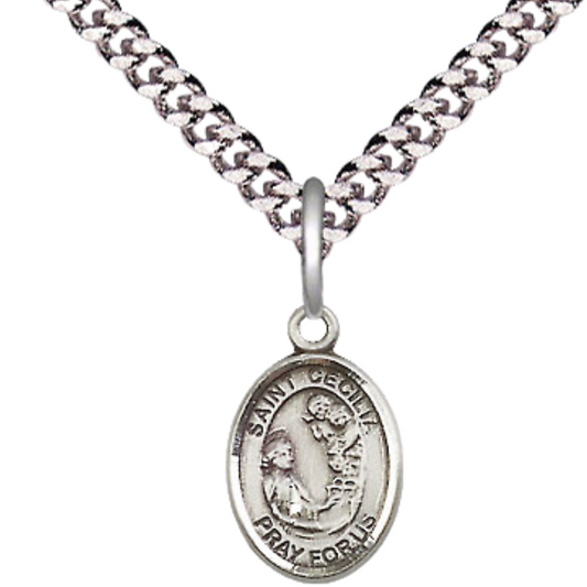 Small Sized Men's Pewter Saint St. Cecilia Medal Pendant on 24 Inch Endless Rhodium Plated Heavy Curb Brass Chain, Catholic Religious Necklace - Made in USA- Deluxe Velvet Gift Box