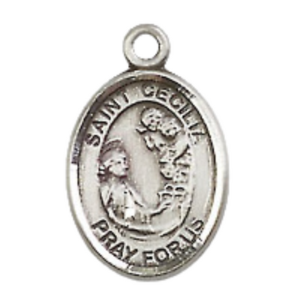 Small Sized Men's Pewter Saint St. Cecilia Medal Pendant on 24 Inch Endless Rhodium Plated Heavy Curb Brass Chain, Catholic Religious Necklace - Made in USA- Deluxe Velvet Gift Box