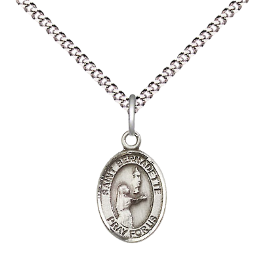 Small Sized Women's Pewter Saint St. Bernadette Medal Pendant on 18 Inch Rhodium Plated Lite Curb Brass Chain with Lobster Claw Clasp, Catholic Religious Necklace - Made in USA- Velvet Gift Box