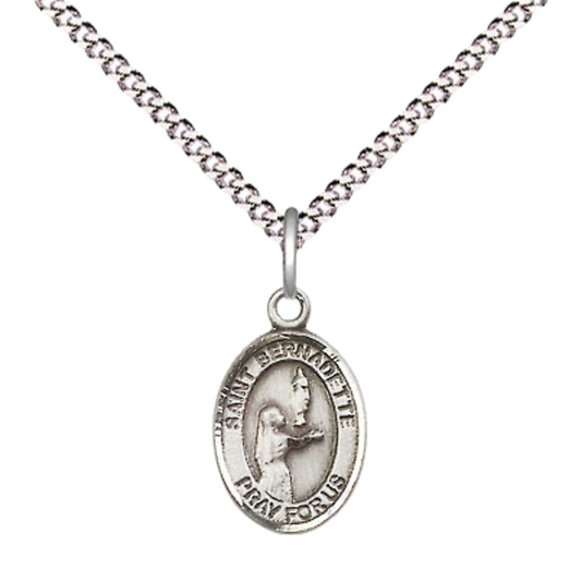 Small Sized Women's .925 Sterling Silver Saint St. Bernadette Medal Pendant on 18 Inch Rhodium Plated Lite Curb Brass Chain with Lobster Claw Clasp, Catholic Religious Necklace - Made in USA- Velvet Gift Box