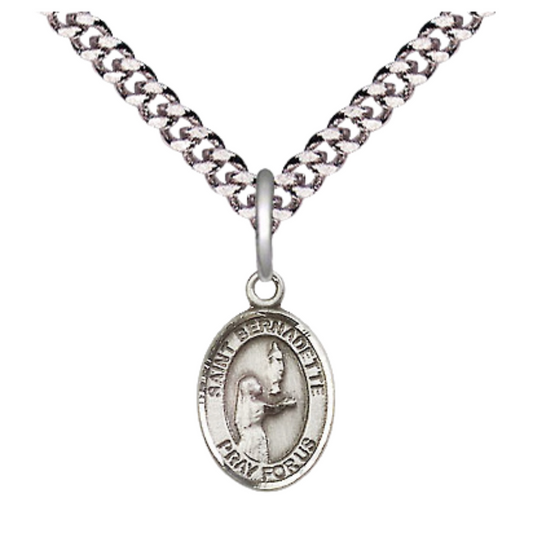 Small Sized Men's Pewter Saint St. Bernadette Medal Pendant on 24 Inch Endless Rhodium Plated Heavy Curb Brass Chain, Catholic Religious Necklace - Made in USA- Deluxe Velvet Gift Box